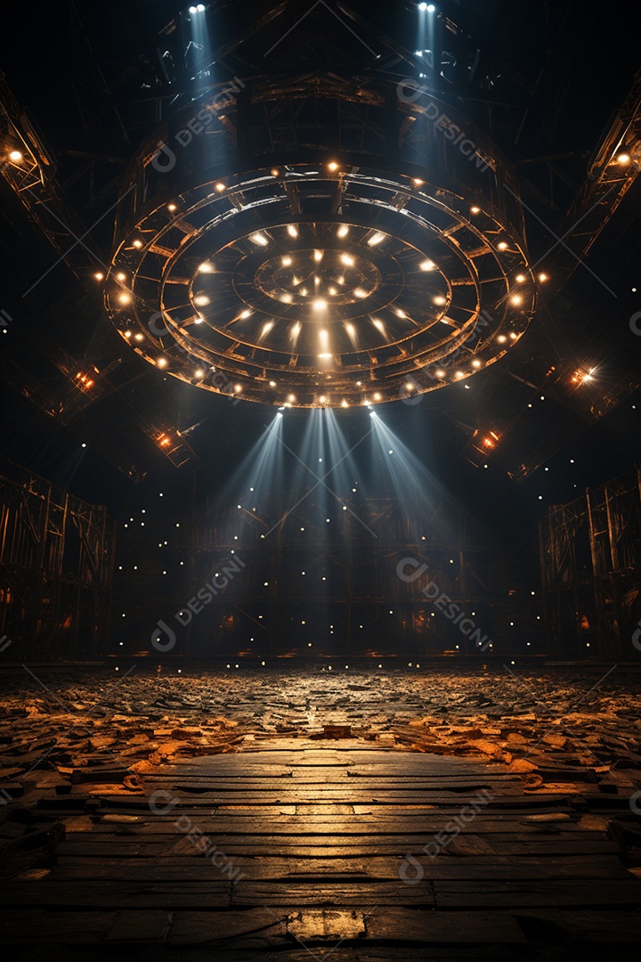 Cenário para evento de madeira com iluminação