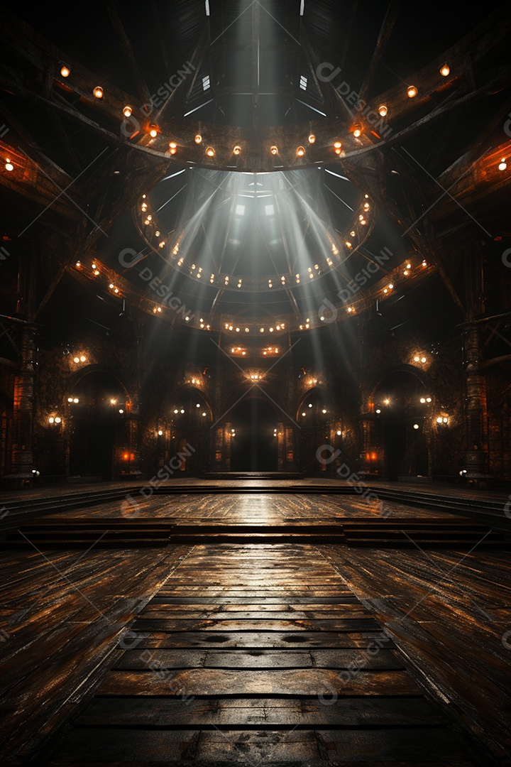 Cenário para evento de madeira com iluminação