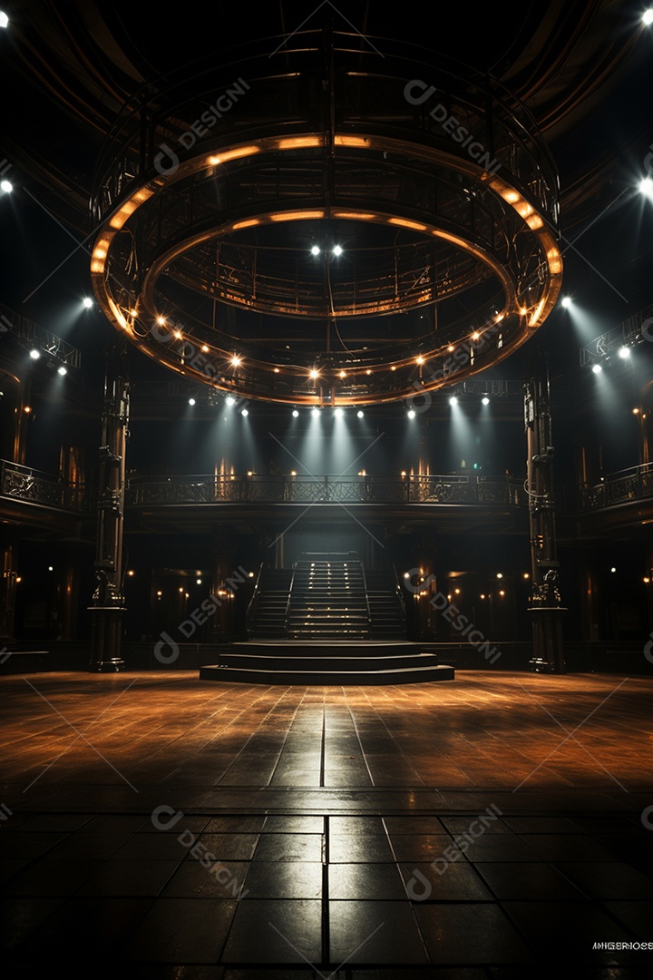 Cenário para evento de madeira com iluminação