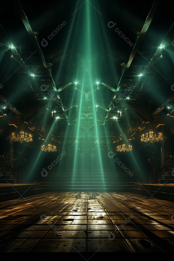 Cenário para evento de madeira com iluminação