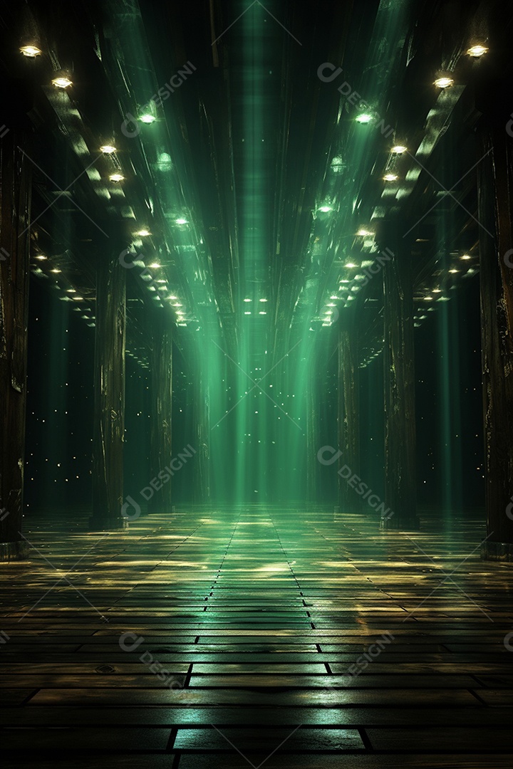 Cenário para evento de madeira com iluminação