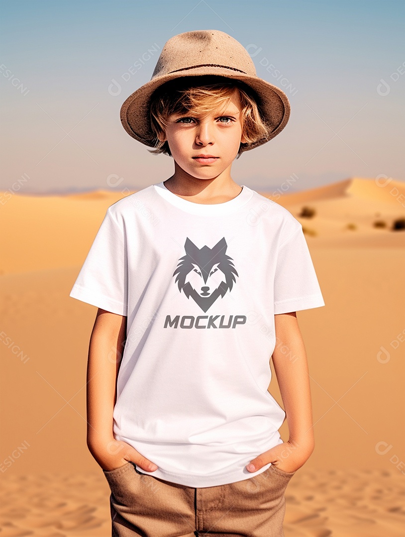 Mockup Menino De Chapéu Vestindo Camisa PSD Editável