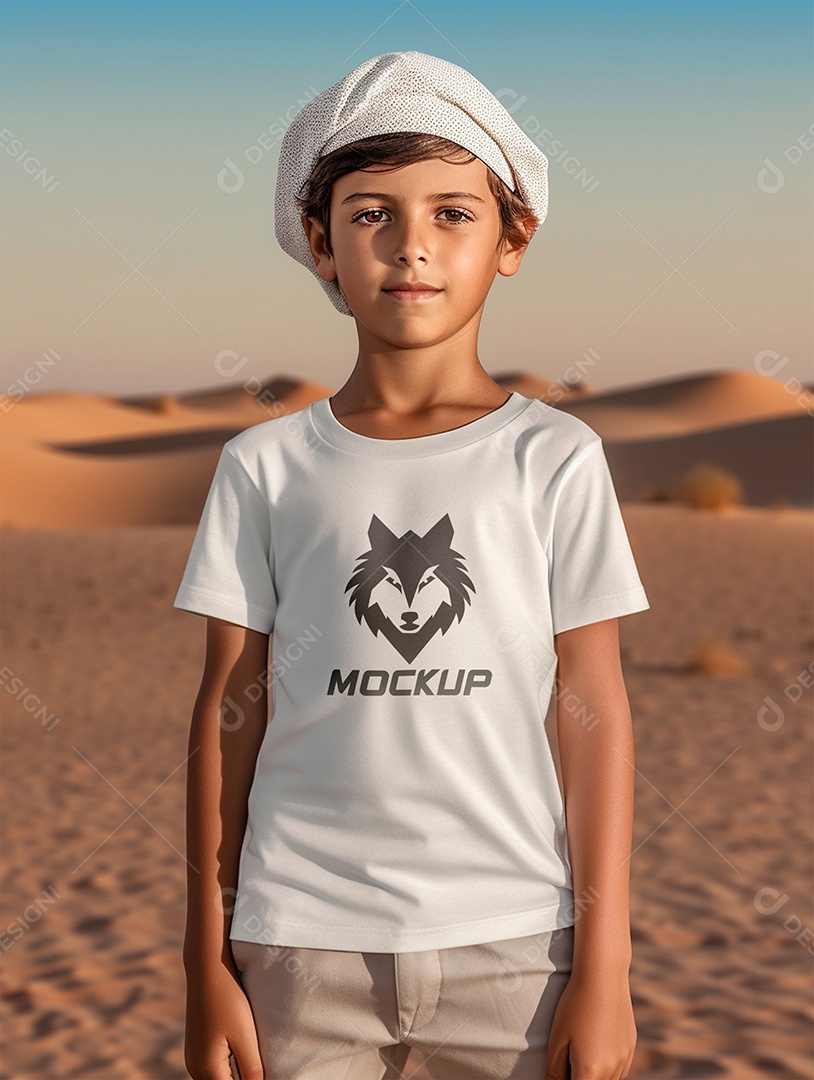 Mockup Menino Vestindo Camisa Branca PSD Editável