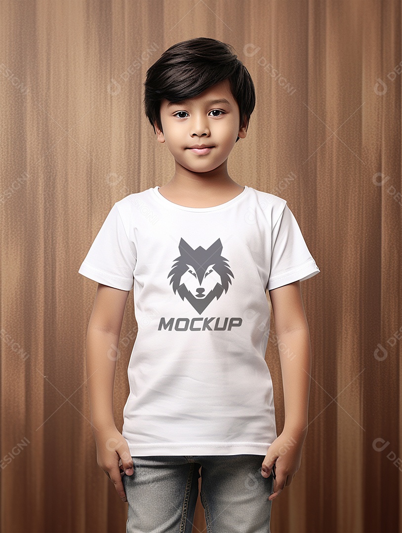 Mockup Menino Vestindo Camisa Branca PSD Editável