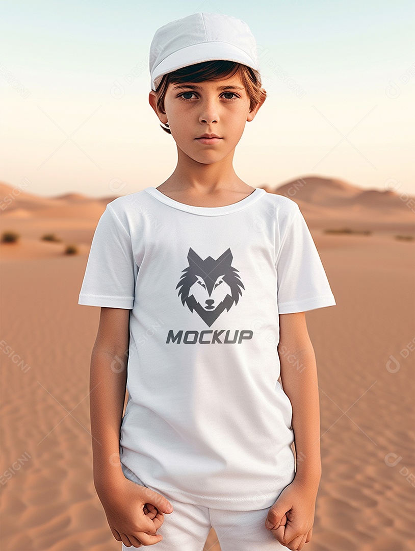 Mockup Menino Vestindo Camisa Branca PSD Editável