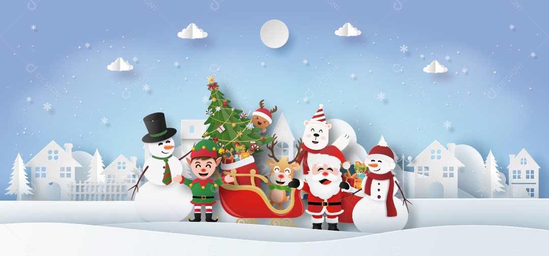 Arte de papel Origami de Papai Noel e amigos na aldeia Vetor EPS