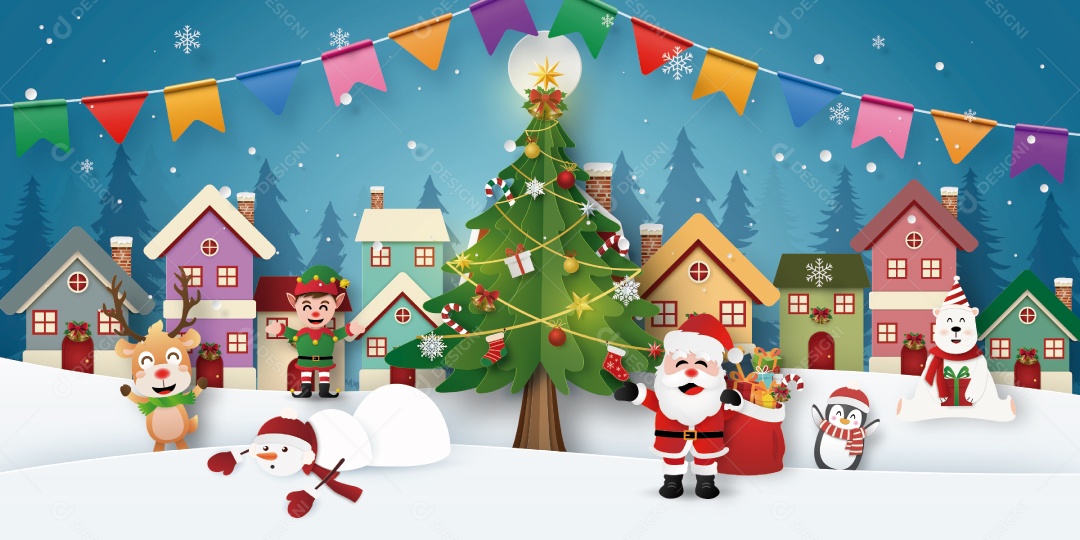 Arte de papel da festa de Natal com Papai Noel e amigos na cidade de neve Vetor EPS