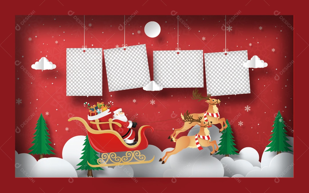 Arte de papel origami de foto em branco com Papai Noel em um trenó no quadro Vetor EPS