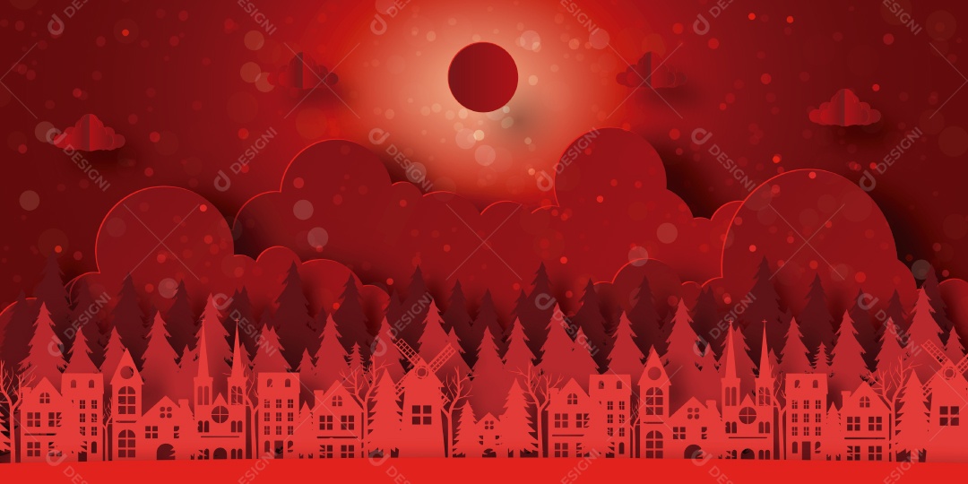 Feliz Natal e Feliz Ano Novo, bandeira de fundo vermelho da cidade com floresta de pinheiros Vetor EPS