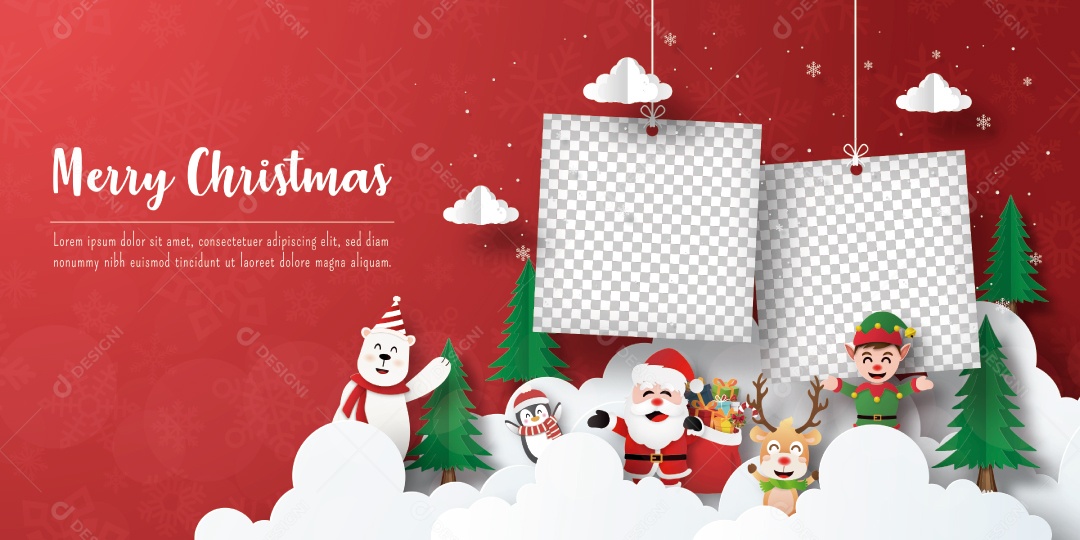 Feliz Natal e Feliz Ano Novo, cartão postal de Natal do Papai Noel e amigos com moldura em branco Vetor EPS