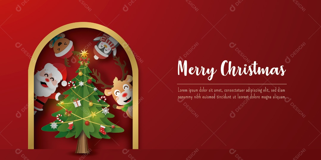 Banner de cartão postal de Natal do Papai Noel e amigos com árvore de Natal Vetor EPS