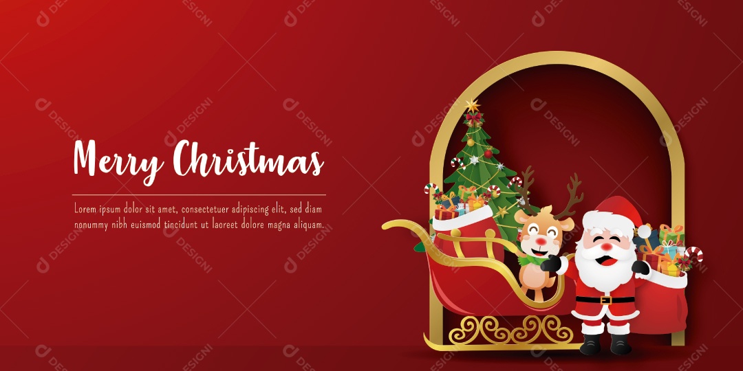 Banner de cartão postal de Natal de Papai Noel e renas com trenó Vetor EPS