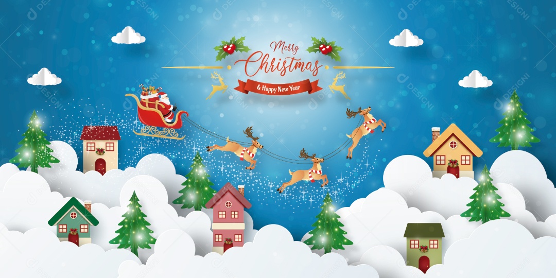 Banner de cartão postal de Natal do trem de Natal com Papai Noel e amigos na cidade Vetor EPS