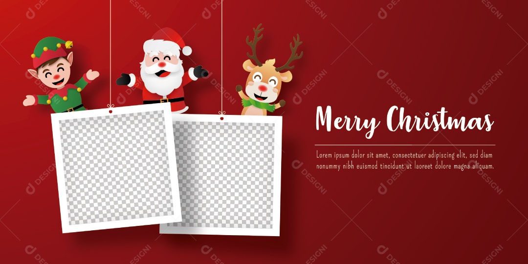 Banner de cartão postal de Natal do Papai Noel e amigos com moldura Vetor EPS