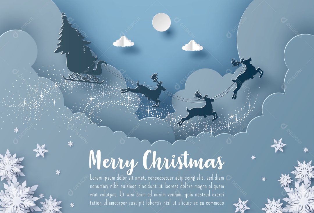 Banner de cartão postal de Natal Papai Noel e renas voando no céu Vetor EPS Editável