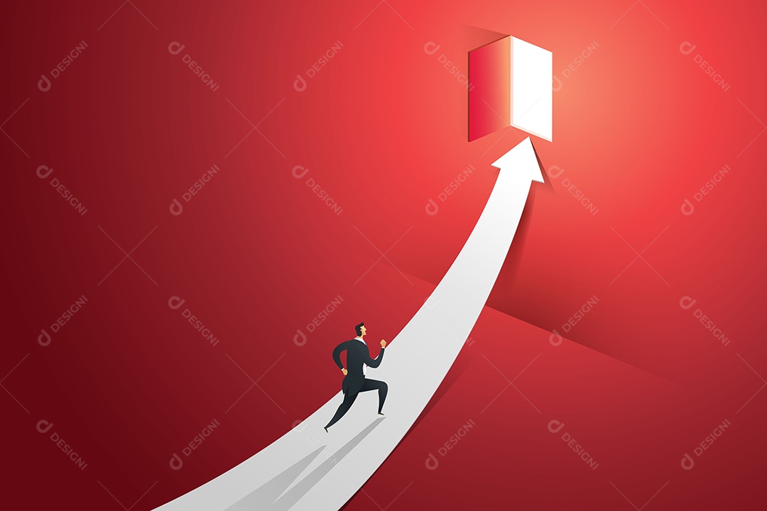 O Homem de negócios que corre na seta vai à porta na parede vermelha na luz Vetor EPS