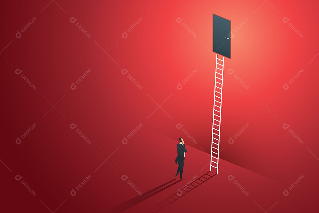 Pessoa de negócios em pé pensando olha para a porta na parede vermelha Vetor EPS