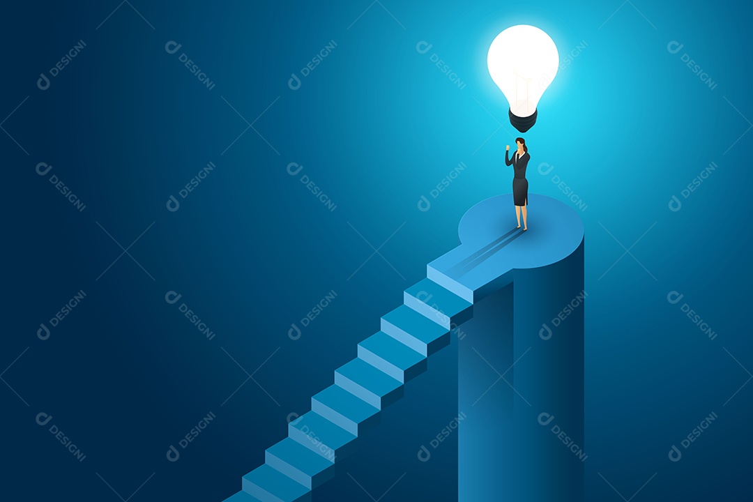 Mulher de negócios em pé sob a solução de conceito criativo de lâmpada Vetor EPS