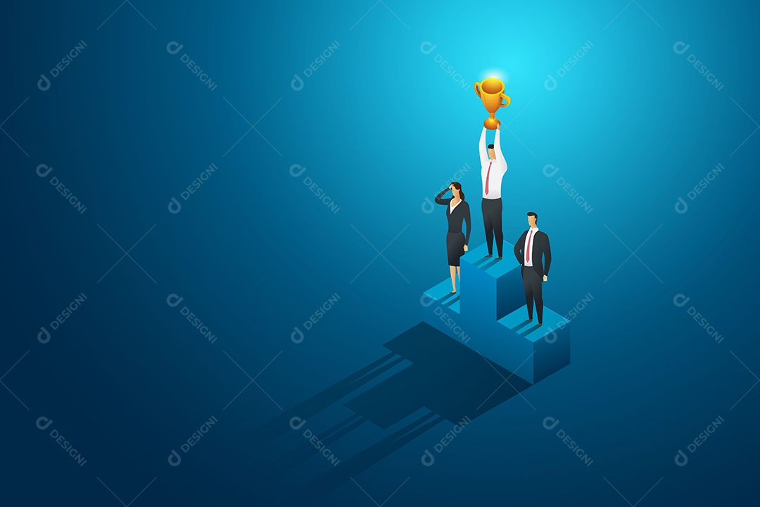 Empresário um vencedor segurando o troféu no pódio Vetor EPS