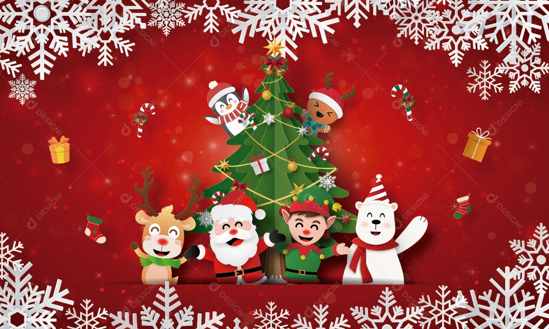 Papai Noel e amigos com árvore de Natal no banner de cartão postal de Natal Vetor EPS
