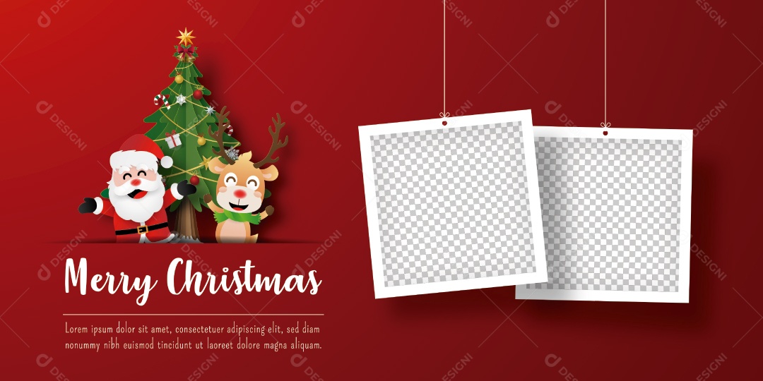 Banner de cartão postal de Natal de Papai Noel e renas com moldura Vetor EPS