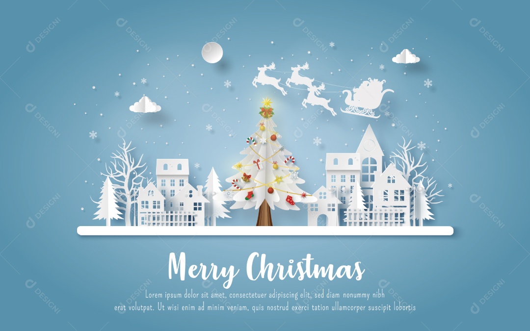 Cartão postal de Natal com Papai Noel e renas chegando à cidade Vetor EPS