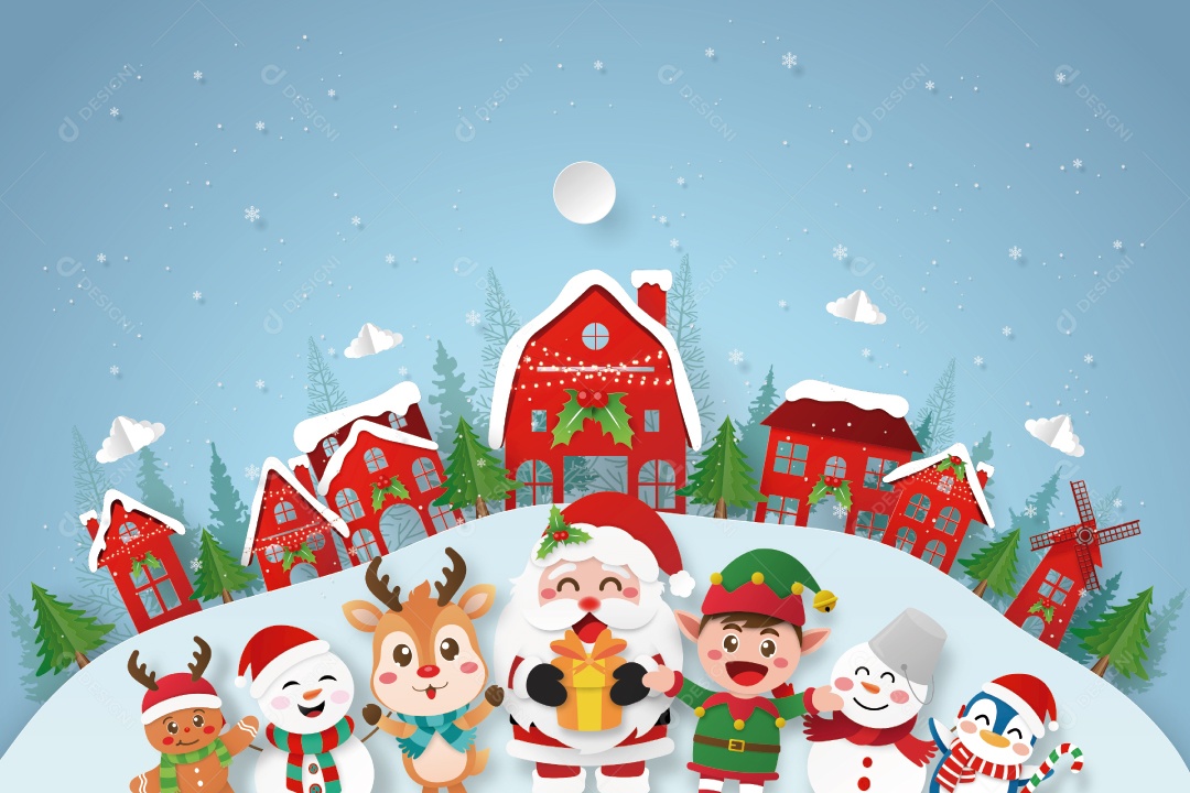 Ilustração de corte de papel de Papai Noel e amigo na aldeia Vetor EPS