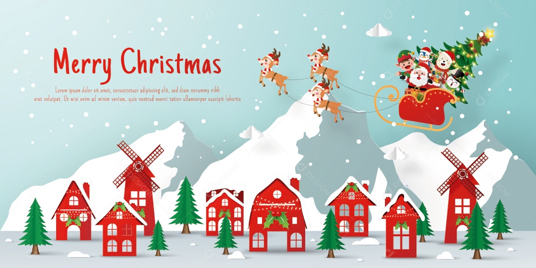 Banner de Natal de Papai Noel e amigo vindo para a aldeia Vetor EPS