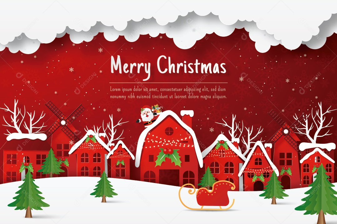 Papai Noel chegando na vila para dar um presente no dia de Natal Vetor EPS