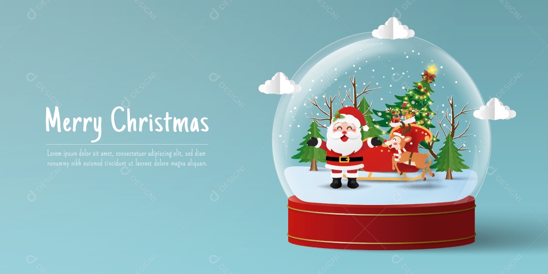 Banner de Natal do Papai Noel e renas no globo de neve Vetor EPS Editável