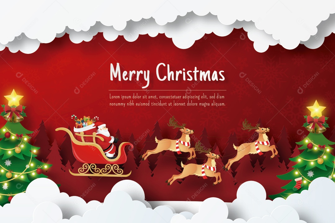 Cartão postal de Natal do Papai Noel em um trenó na floresta de pinheiro Vetor EPS