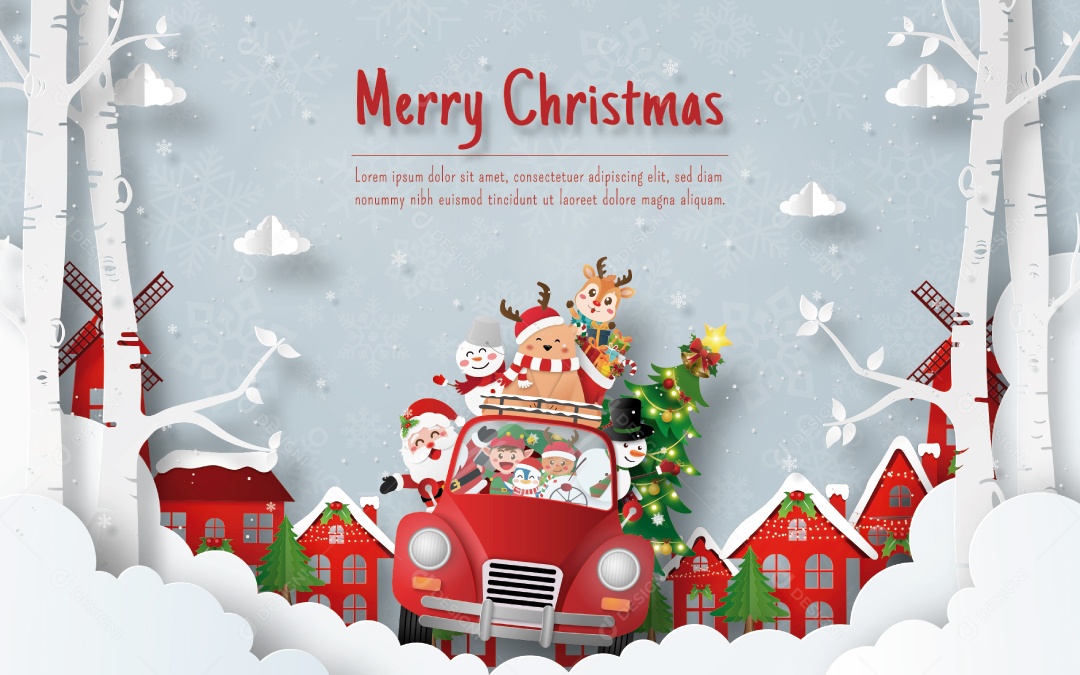 Cartão postal de Natal do Papai Noel e amigos andando de carro de Natal na aldeia Vetor EPS