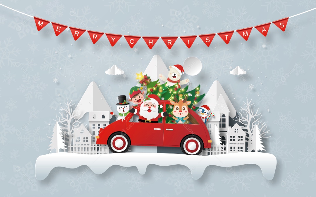 Cartão postal de Natal com carro de Natal na aldeia Vetor EPS