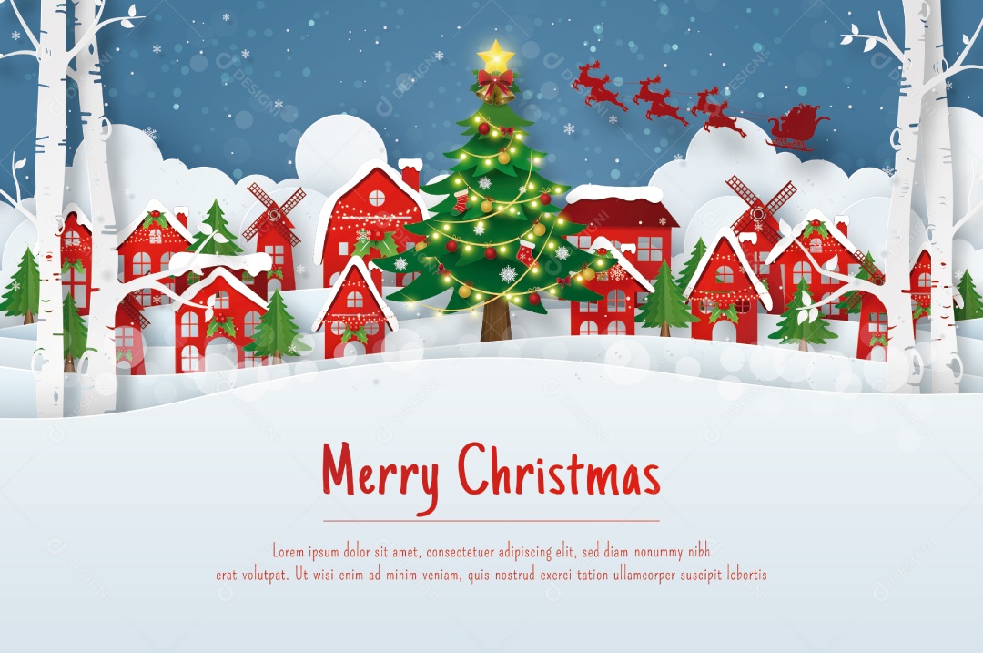 Cartão postal de Papai Noel chegando à aldeia no dia de Natal EPS Editável