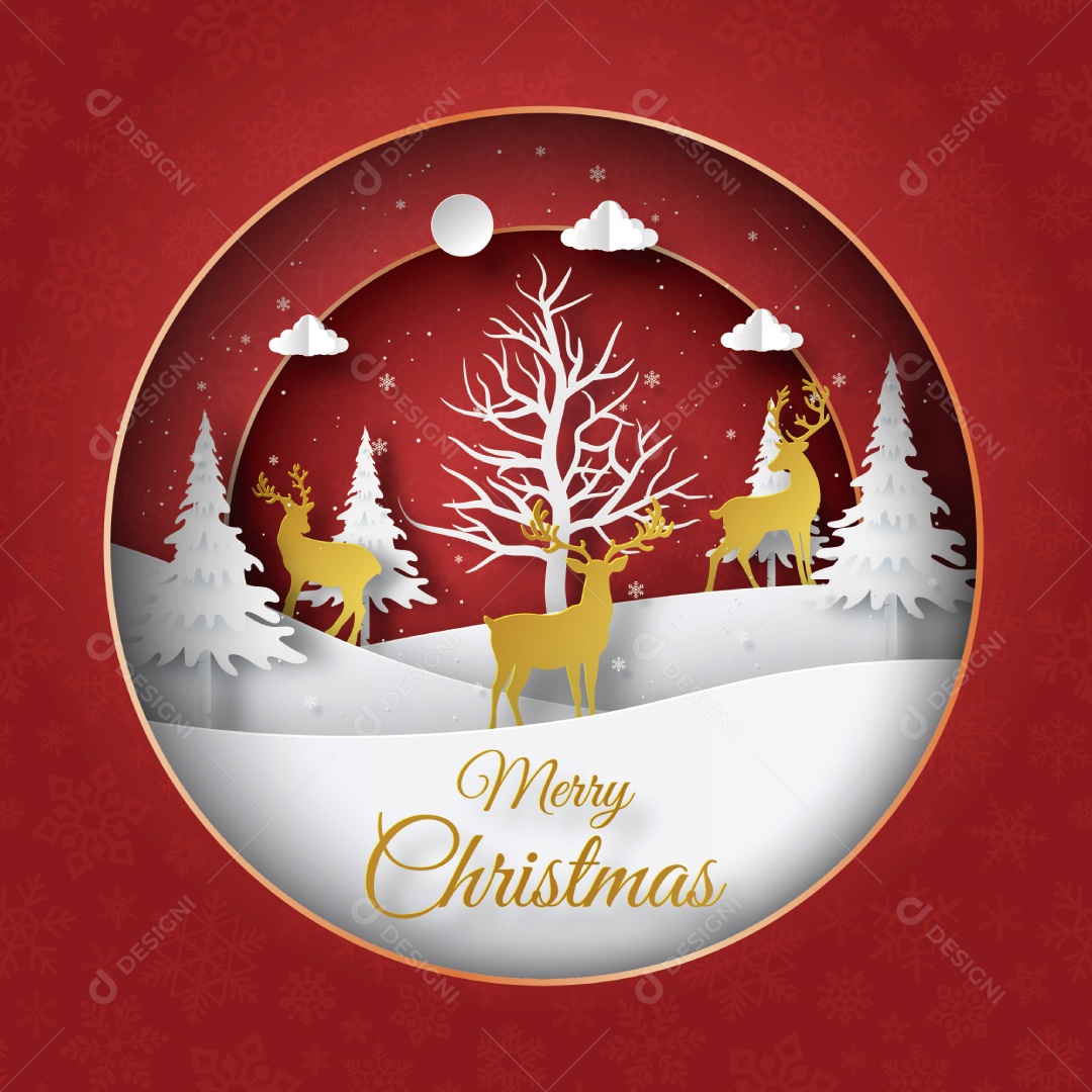 Arte de papel postal de renas na floresta feliz natal e feliz ano novo Vetor EPS Editável