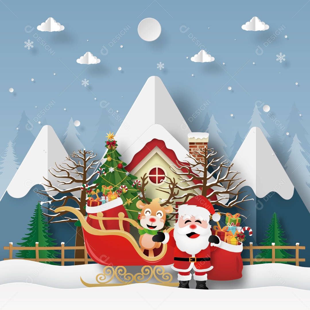 Estilo Artesanal de Papai Noel e Renas Com Trenó Vetor EPS