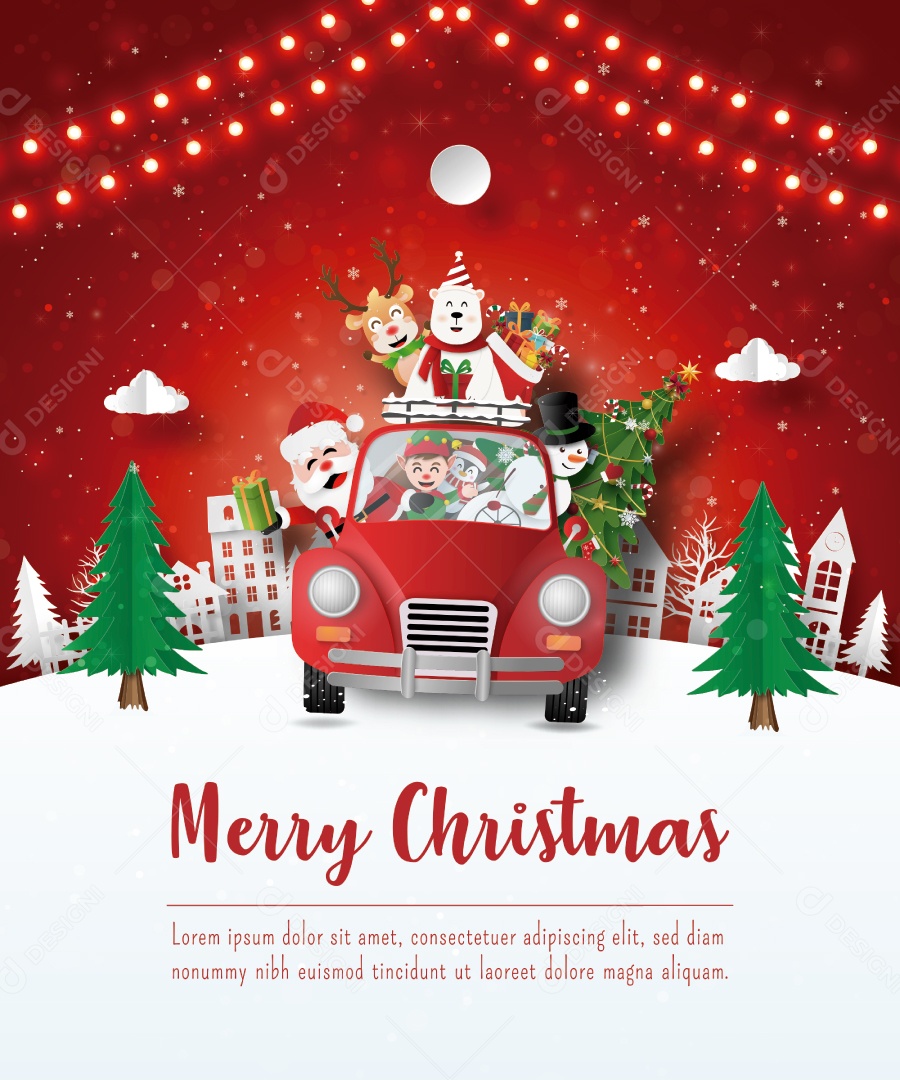 Cartão Postal de Natal de Papai Noel e Amigo Em Um Carro Vermelho na Vila Vetor EPS