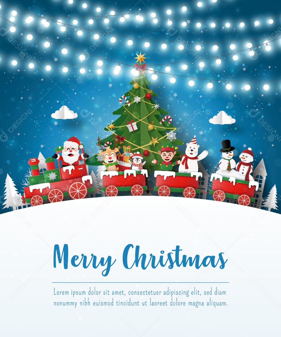 Cartão Postal de Natal de Papai Noel e Amigos Em Um Trem na Vila Vetor EPS