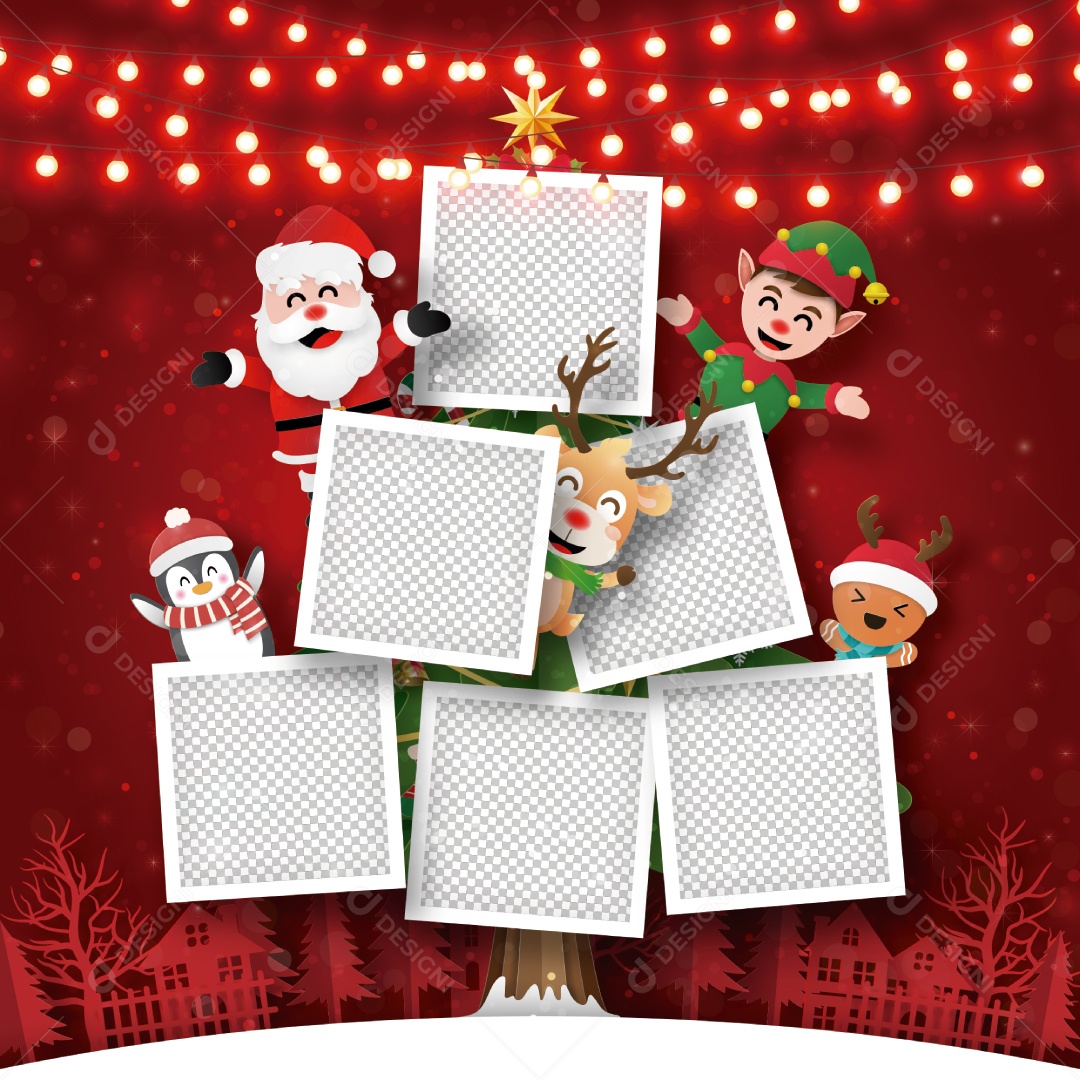 Cartão Postal de Natal de Moldura na Árvore de Natal Com Papai Noel e Amigos Vetor EPS