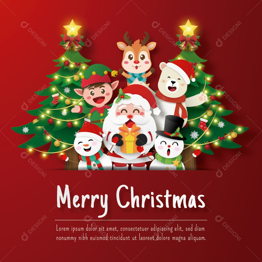 Cartão Postal de Natal do Papai Noel e Amigos Com Árvore de Natal Vetor EPS