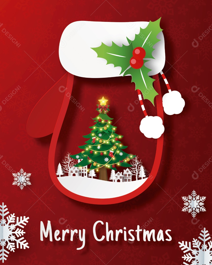 Cartão Postal de Natal da Árvore de Natal e da Aldeia na Luva de Natal Vetor EPS