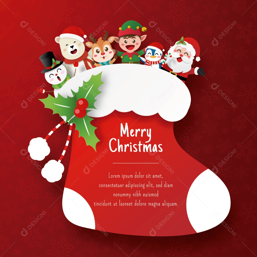 Cartão Postal de Natal do Papai Noel e Amigo na Meia de Natal Vetor EPS