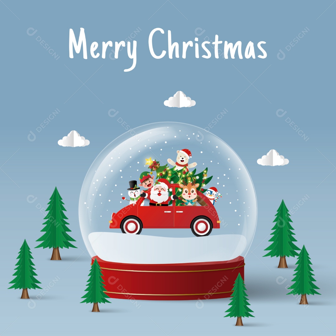 Banner de Natal do Papai Noel e Amigo no Globo de Neve Vetor EPS