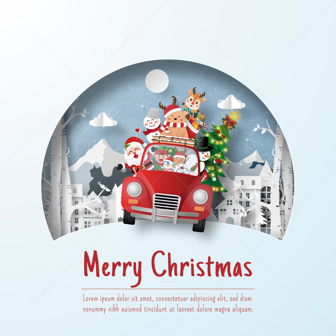 Cartão Postal de Natal do Carro de Natal na Aldeia Vetor EPS
