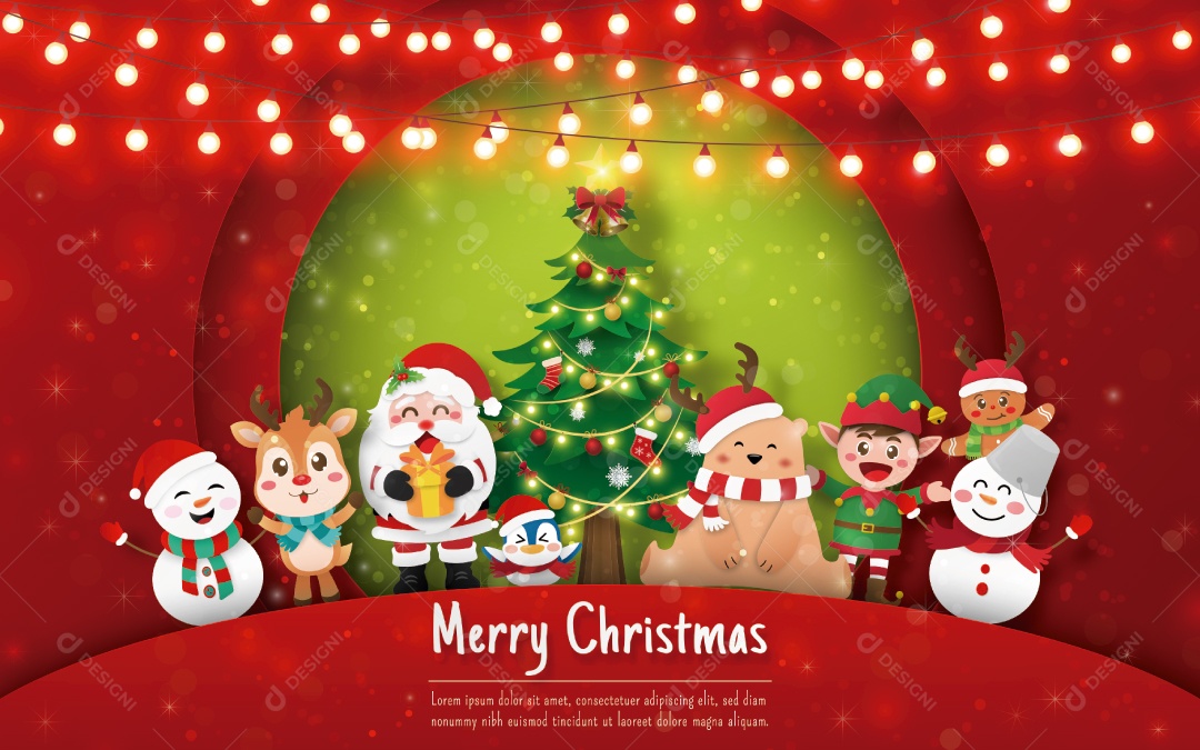 Festa de Natal Com Papai Noel e Animais Fofos no Cartão Postal de Natal Vetor EPS