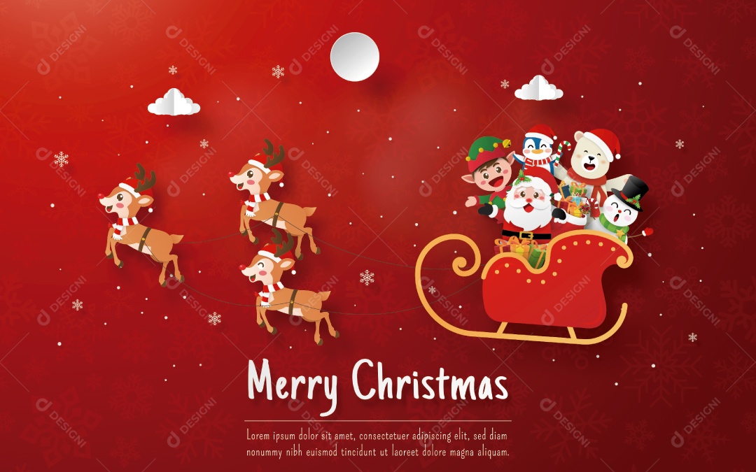 Cartão Postal de Natal Com Papai Noel e Amigos Em Um Trenó Vetor EPS