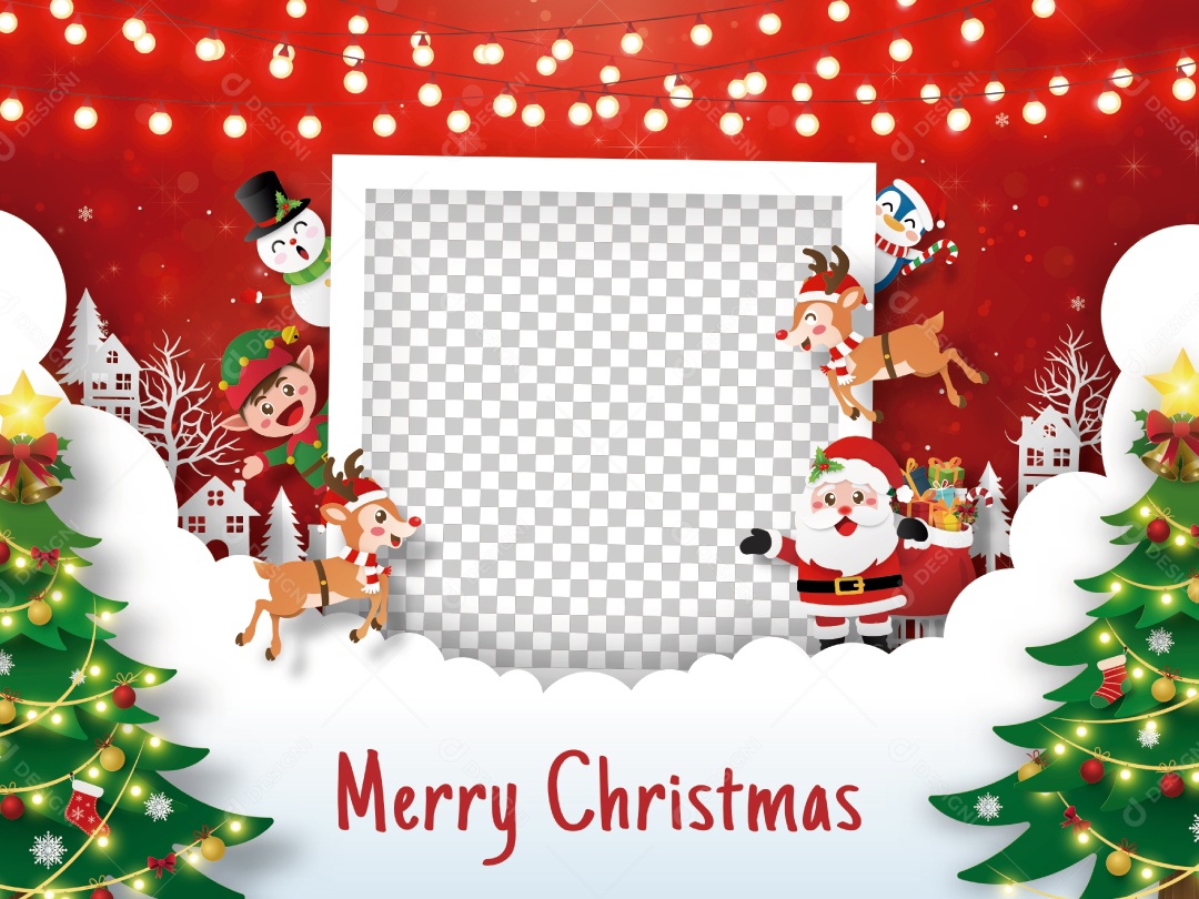 Cartão postal de Natal de moldura com Papai Noel e amigos Vetor EPS