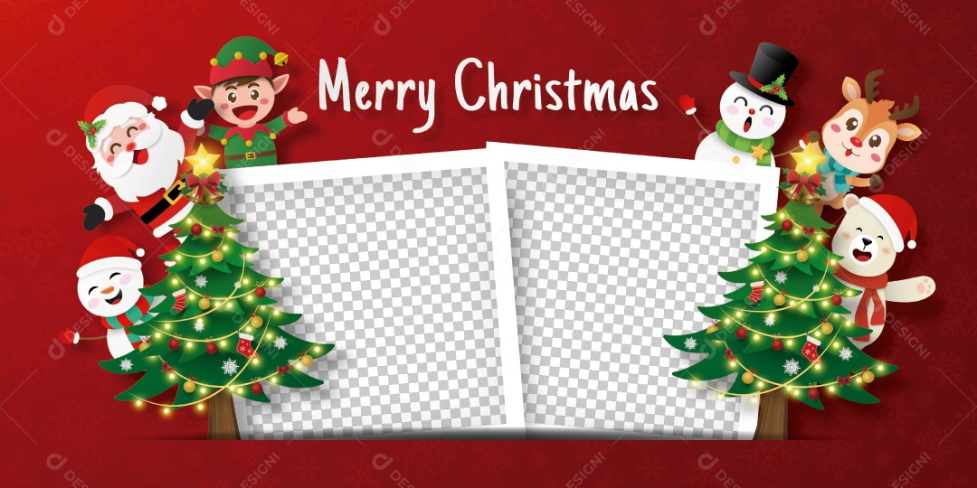 Banner de cartão postal de Natal do Papai Noel e amigos com moldura Vetor EPS