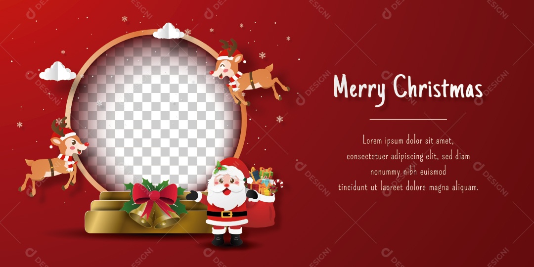 Banner de cartão postal de Natal de Papai Noel e renas com globo de neve em branco Vetor EPS
