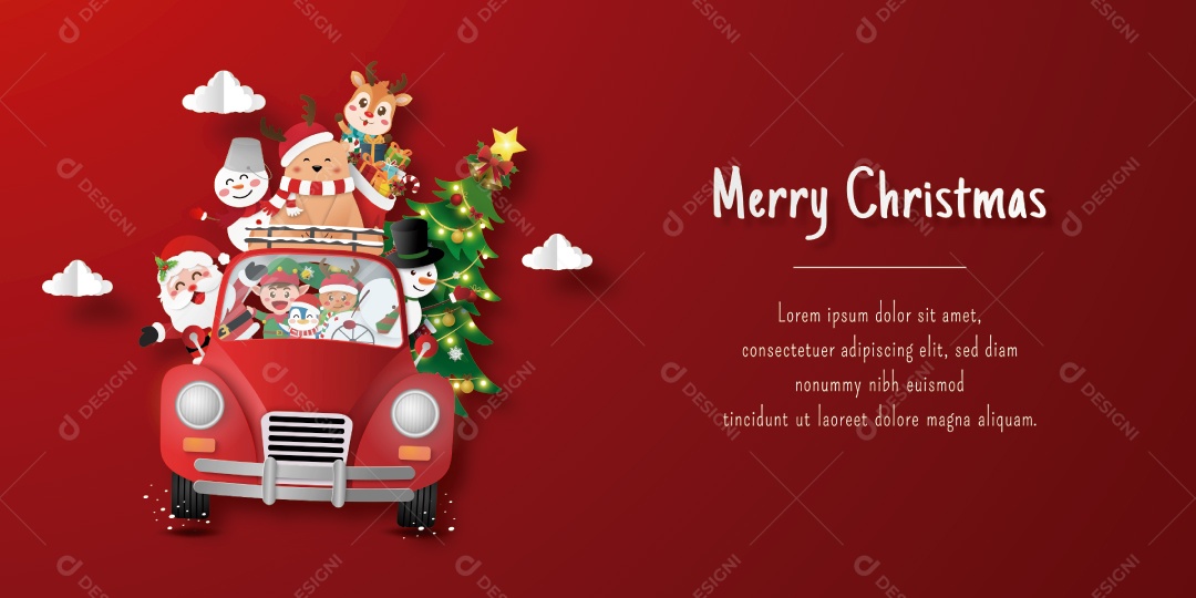 Banner de cartão postal de Natal do Papai Noel e amigos no carro de Natal Vetor EPS